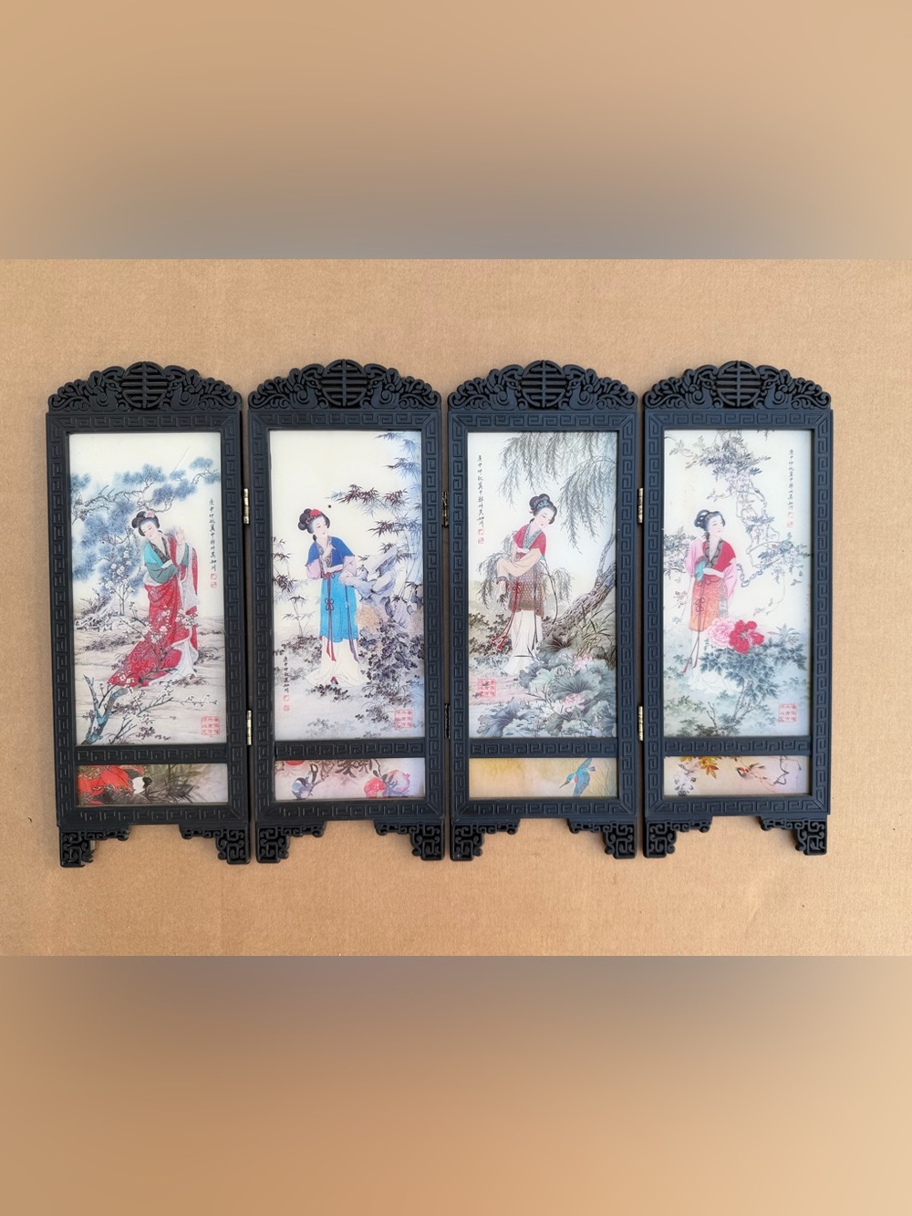 Vintage Chinese 4 Panel Folding Table Screen Asian Art Ladies Birds Flowers